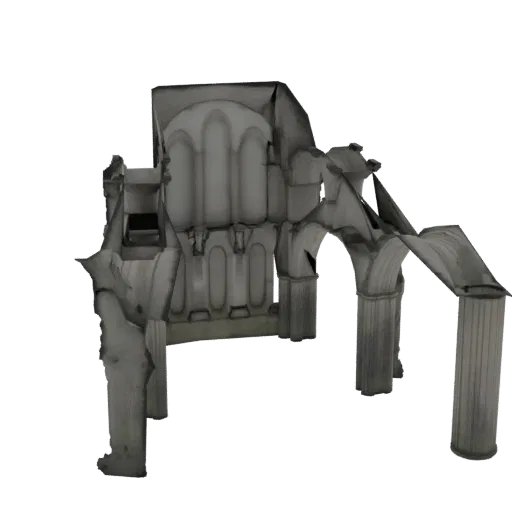 3D модель разрушенной готической соборной арки со сломанными колоннами и текстурами выветренного камня на белом фоне.