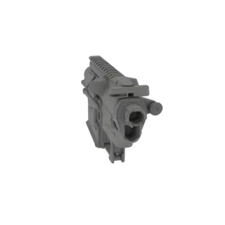 3D модель верхней части AR-15, вид спереди, показывающий планку Пикатинни и патронник.