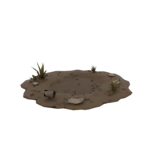 Рендер 3D модели небольшого земляного кратера с разбросанными камнями, обломком и редкой сухой травой на белом фоне.