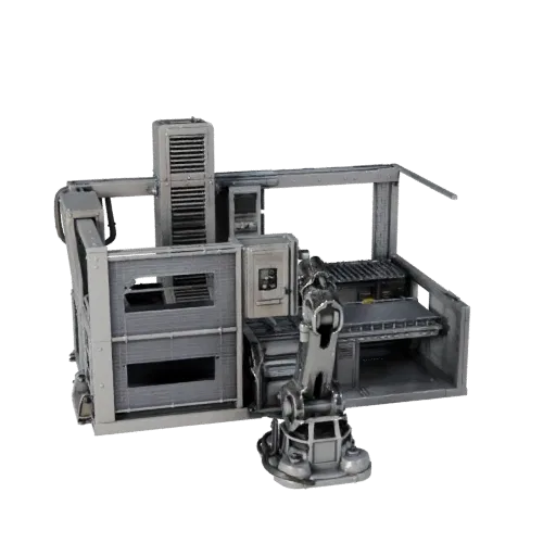 Высокополигональная 3D-модель ячейки сборочного робота, студийный рендер крупным планом, показывающий окрашенную сталь, машин