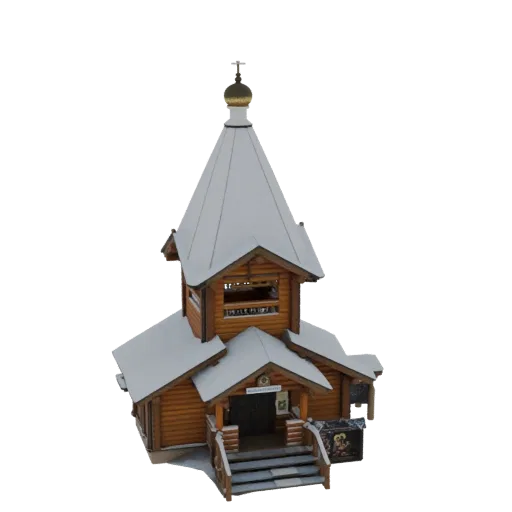 3D модель деревянной православной часовни с золотым куполом и крестом, покрытая снегом, на белом фоне.