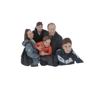 AI-генерированная 3D модель разнообразной семьи, включая взрослых и детей, позирующих вместе в трогательном портрете.