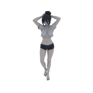 3D model of an anime girl with dark hair tied in a bun, wearing a light crop top and dark shorts, with hands near her head.