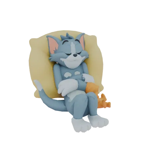 3D модель кота Тома из Том и Джерри мирно спит на желтой подушке, держа маленькую игрушку Джерри.