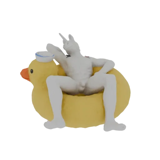3D модель обнаженного единорога с рогом, отдыхающего на желтой резиновой уточке в бескозырке.