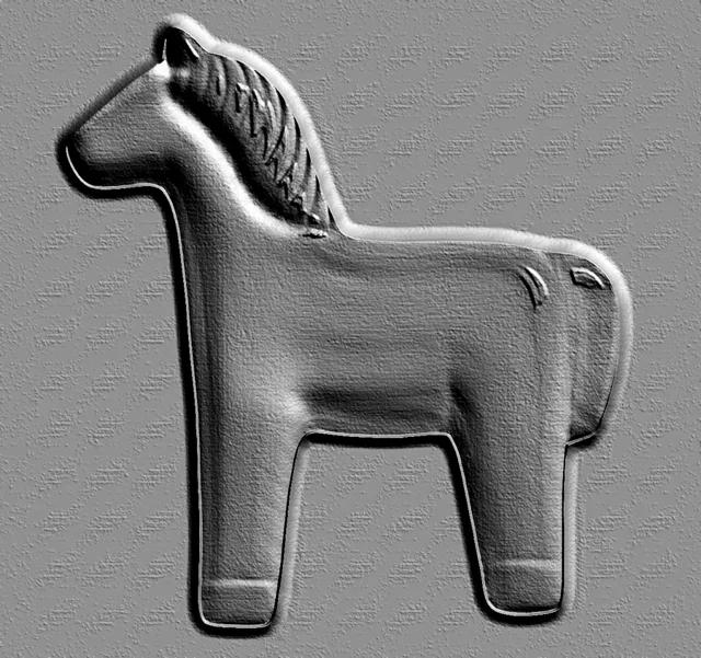 3D модель барельефа лошади в стиле тиснения, вид сбоку