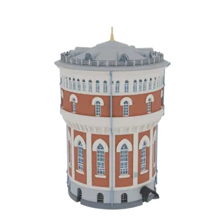 3D модель краснокирпичной викторианской водонапорной башни с белой отделкой и серой куполообразной крышей на белом фоне.