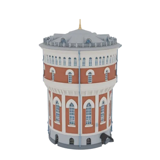 3D модель краснокирпичной викторианской водонапорной башни с белой отделкой и серой куполообразной крышей на белом фоне.