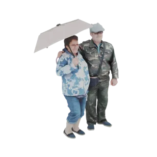 3D model of a couple, a man and a woman, sharing an umbrella, with the man's arm around the woman.