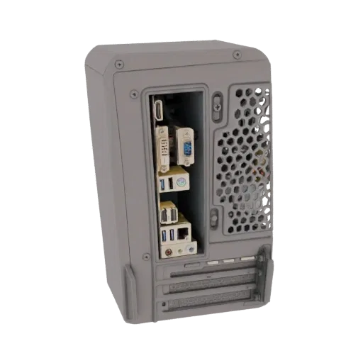 3D модель задней панели корпуса компьютера с различными портами (DVI, HDMI, USB, Ethernet) и вентиляционной решеткой.