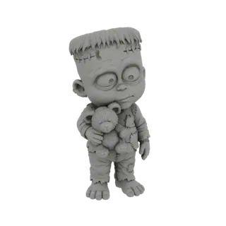 3D модель милого чиби-Франкенштейна со швами, держащего маленького плюшевого мишку.