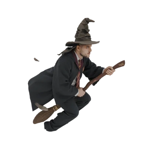 3D модель юного волшебника в шляпе и плаще, летящего на метле, на белом фоне.