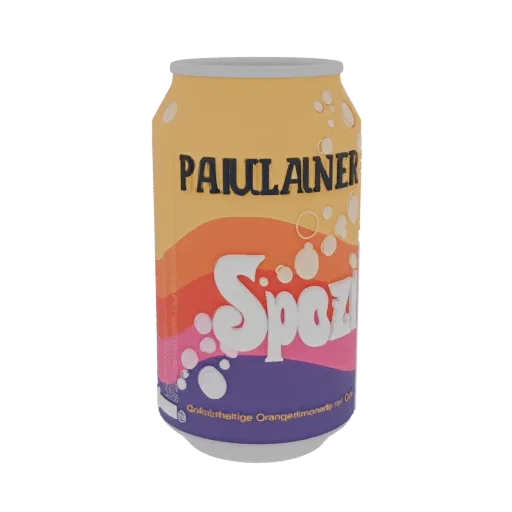 3D-модель банки Paulaner Spezi оранжево-розово-фиолетовых цветов с логотипом Spezi.