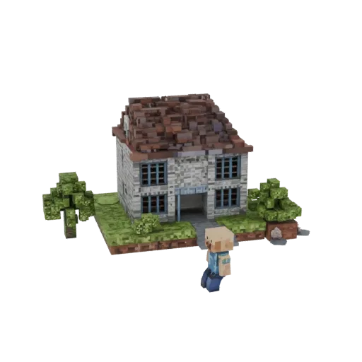 3D модель двухэтажного дома в стиле Minecraft с персонажем и деревьями на белом фоне