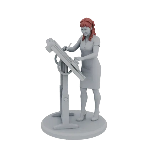 3D модель инженера-женщины с рыжими волосами, в платье, работающей за детализированным чертежным столом.