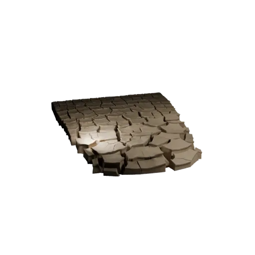 Стилизованная 3D модель высохшего озера с трещинами, стилизованный изометрический рендер окружения, показывающий слоистую поч