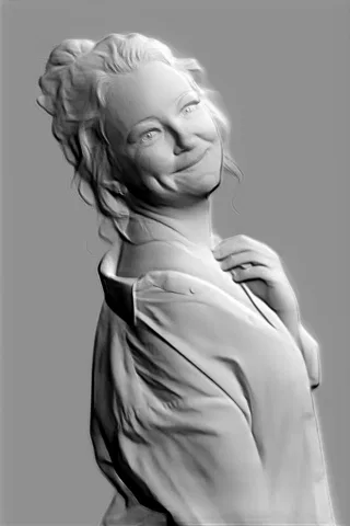 3D модель барельефа женщины с улыбкой, демонстрирующая детализированные черты лица и волосы
