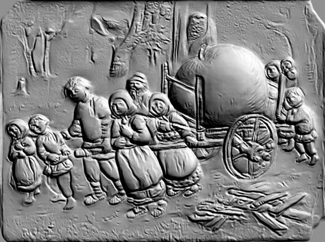 3D модель барельефа с изображением крестьянской семьи, тянущей телегу с сеном, в стиле классической скульптуры.