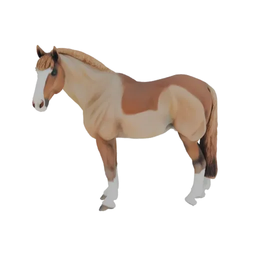 Реалистичная 3D модель Пинто с коричнево-кремовыми пятнами, стоящая на белом фоне.