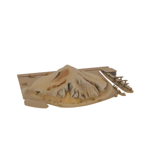 3D модель пустынной горы с эродированным пиком, небольшим строением и деревянным настилом на белом фоне.