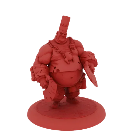 Рендер 3D модели большого, мускулистого Огра-повара в высокой шапке, держащего два тесака, с жареной курицей на шее.