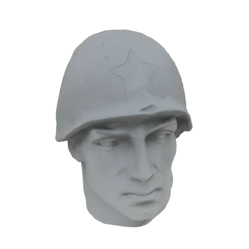 3D модель головы советского солдата в шлеме со звездой, в оттенках серого.