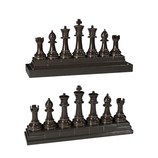 Превью 3D-модели классического набора шахматных фигур, показывающее масштаб, вид в три четверти и детали поверхности