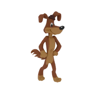 A 3D render of a brown claymation dog wearing a small hat, standing with its hands on its hips and a friendly smile.