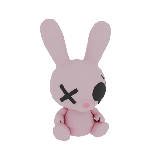 A 3D render of a cute pink bunny sitting down, with black X-shaped eyes and a small pink nose, against a white background.