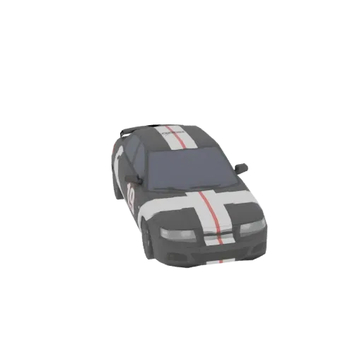 3D рендер черно-белого гоночного автомобиля с красными полосами и номером 19, вид с трехчетвертной перспективы.