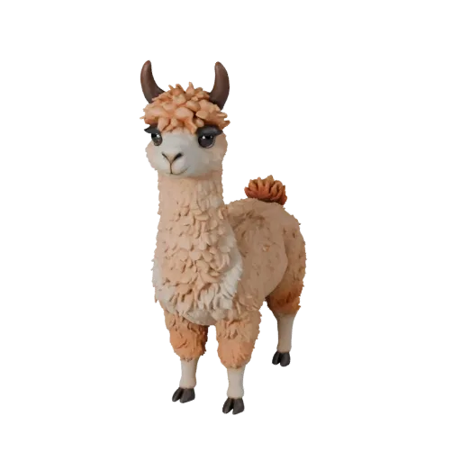 Мультяшная 3D-модель альпаки, вид сбоку, стилизованная модель животного с силуэтом рогов или оленьих рогов, анатомией копыт,