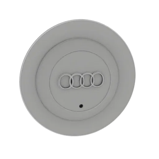 Рендер 3D модели культовой эмблемы Audi Rings, круглая конструкция с четырьмя переплетающимися кольцами.