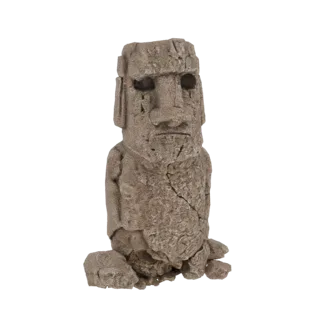 3D-модель треснувшей статуи Моаи на скалистом основании с детализированной каменной текстурой и выветренным видом.