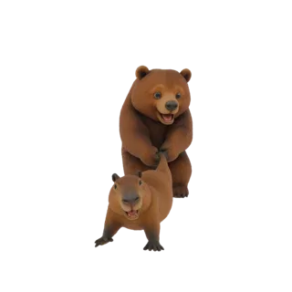 3D рендер бурого медведя, игриво тянущего капибару за хвост, оба с счастливыми выражениями.