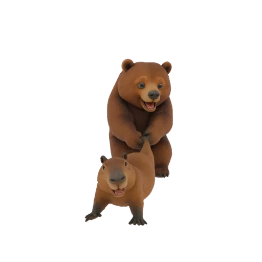 3D рендер бурого медведя, игриво тянущего капибару за хвост, оба с счастливыми выражениями.
