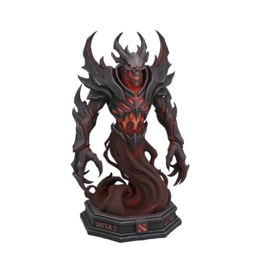 3D модель Shadow Fiend из Dota 2, демоническая фигура в темной броне с огненными акцентами, стоящая на базе с логотипом Dota