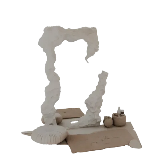3D рендер абстрактной белой скульптурной формы с плавными линиями, с миниатюрными объектами, такими как бутылки и сосуды у ос