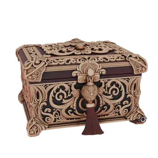 3D модель богато украшенной барочной шкатулки с замысловатой позолоченной резьбой и декоративной кисточкой на белом фоне.
