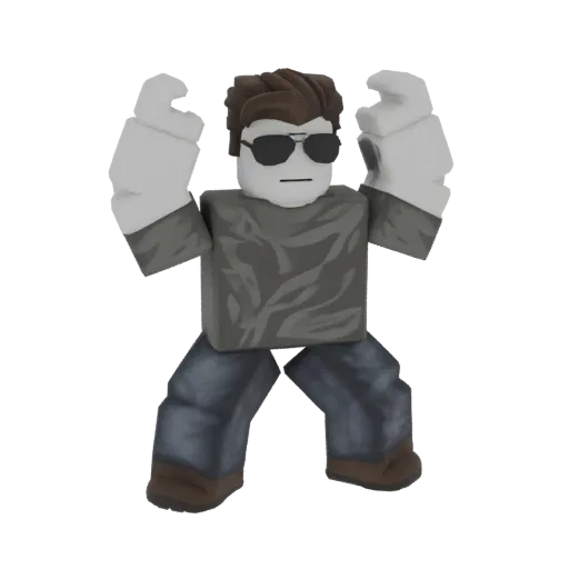 3D-рендеринг персонажа в стиле Roblox с солнцезащитными очками, серой рубашкой и синими джинсами, руки подняты в динамичной п