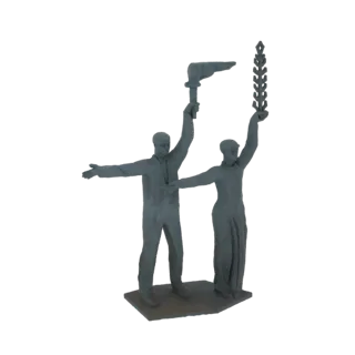 3D модель памятника советской эпохи с двумя фигурами, одна с факелом, другая с лавровым венком, на простом постаменте.