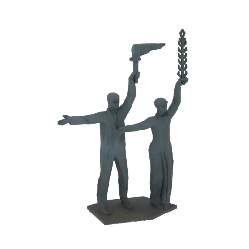 3D модель памятника советской эпохи с двумя фигурами, одна с факелом, другая с лавровым венком, на простом постаменте.