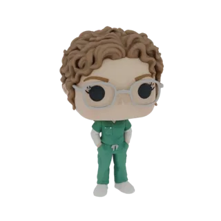 3D model of a nurse in a green scrub suit, wearing glasses and styled like a Funko Pop figure.