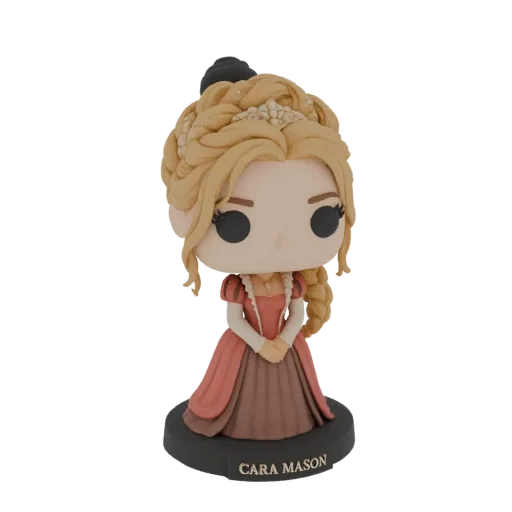 3D модель Кары Мейсон в стиле Funko Pop, с блондинистыми косами, диадемой и кораллово-коричневым платьем, стоящая на подставк