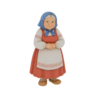 3D модель улыбающейся бабушки в традиционной русской одежде, включая красное платье, белый передник и синий платок.