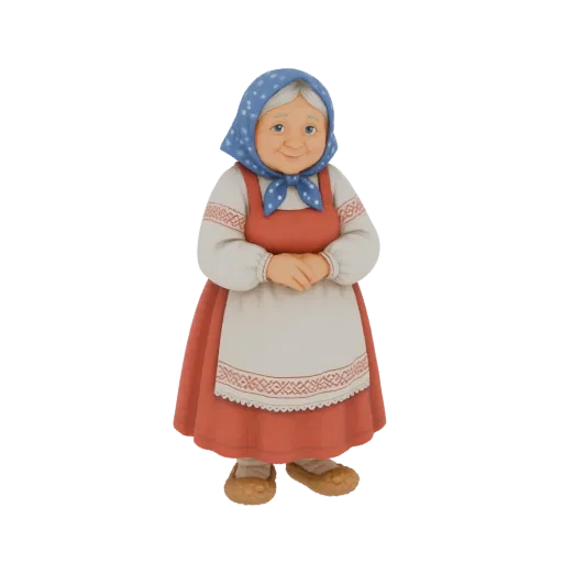 3D модель улыбающейся бабушки в традиционной русской одежде, включая красное платье, белый передник и синий платок.