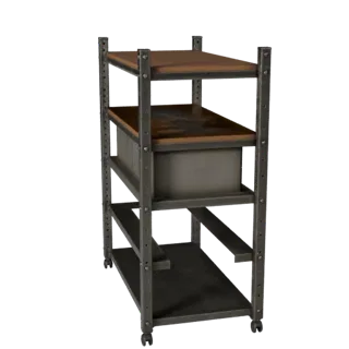 Высокополигональная 3D модель стеллажа для промышленных деталей, крупный план студийного рендера, показывающий стальные рамы,