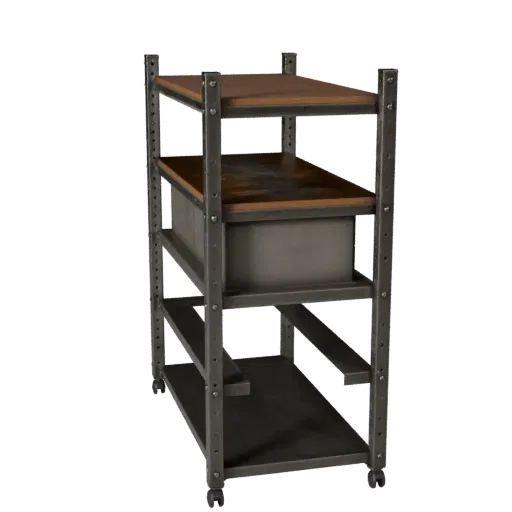 Высокополигональная 3D модель стеллажа для промышленных деталей, крупный план студийного рендера, показывающий стальные рамы,
