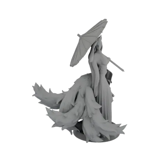 Рендер 3D модели серой Кицунэ с девятью хвостами, держащей белый зонт, на черном фоне.