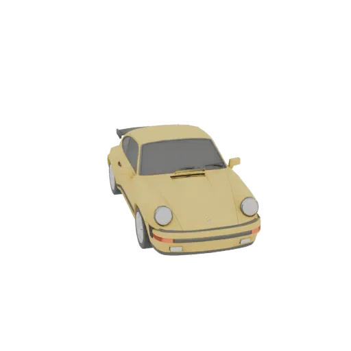 3D рендер желтого low-poly Porsche 911 Carrera (964) со спойлером, вид с немного приподнятого передне-правого угла.