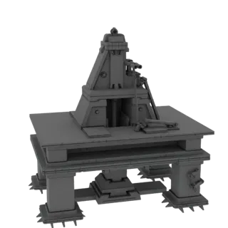 3D модель витиеватой промышленной кузницы с большой наковальней, молотом и декоративными колоннами, в оттенках серого.